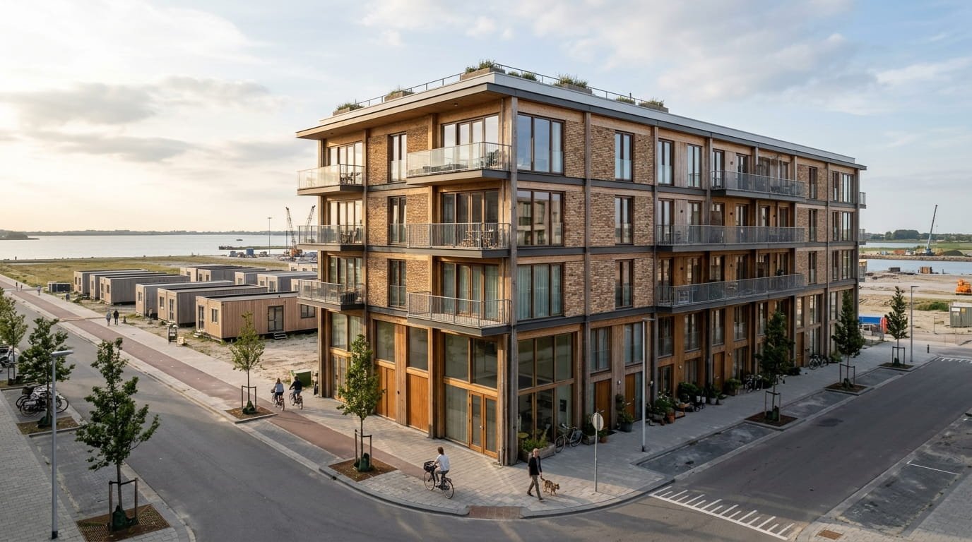 Impressie van een houten woongebouw van vier lagen met balkons op een straathoek, met fietsers en water op de achtergrond